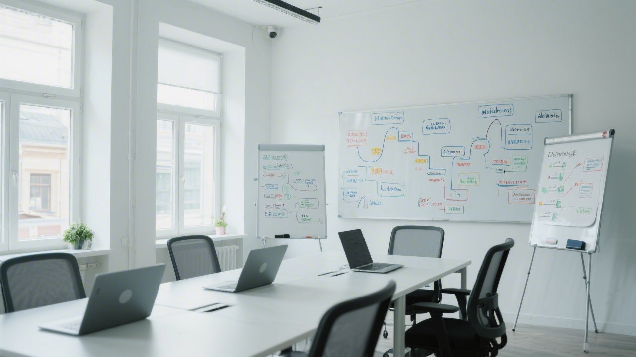 Bright meeting room with modern desks, laptops, and whiteboards filled with marketing funnels and affiliate strategies, reflecting a clean startup office environment in Prague.