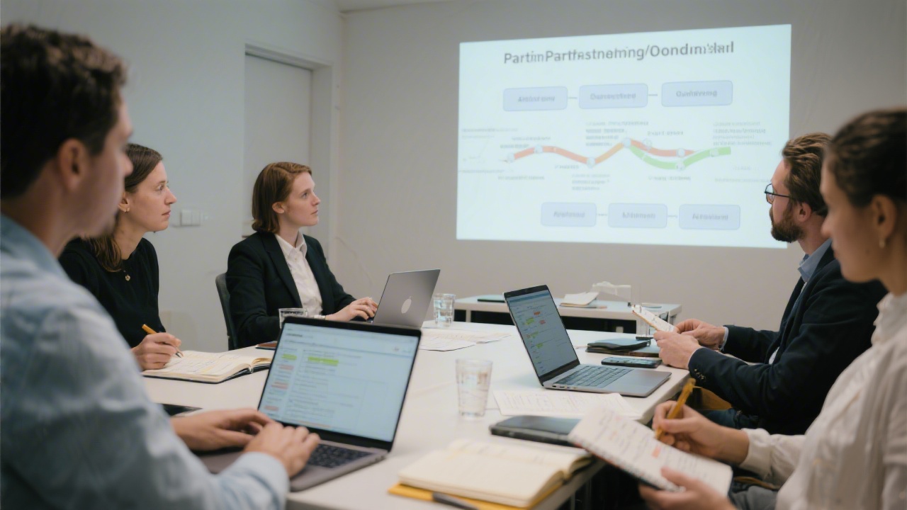 Workshop session with affiliate managers reviewing traffic sources on laptops, notebooks open with action plans, and a projector displaying partnership onboarding flow.