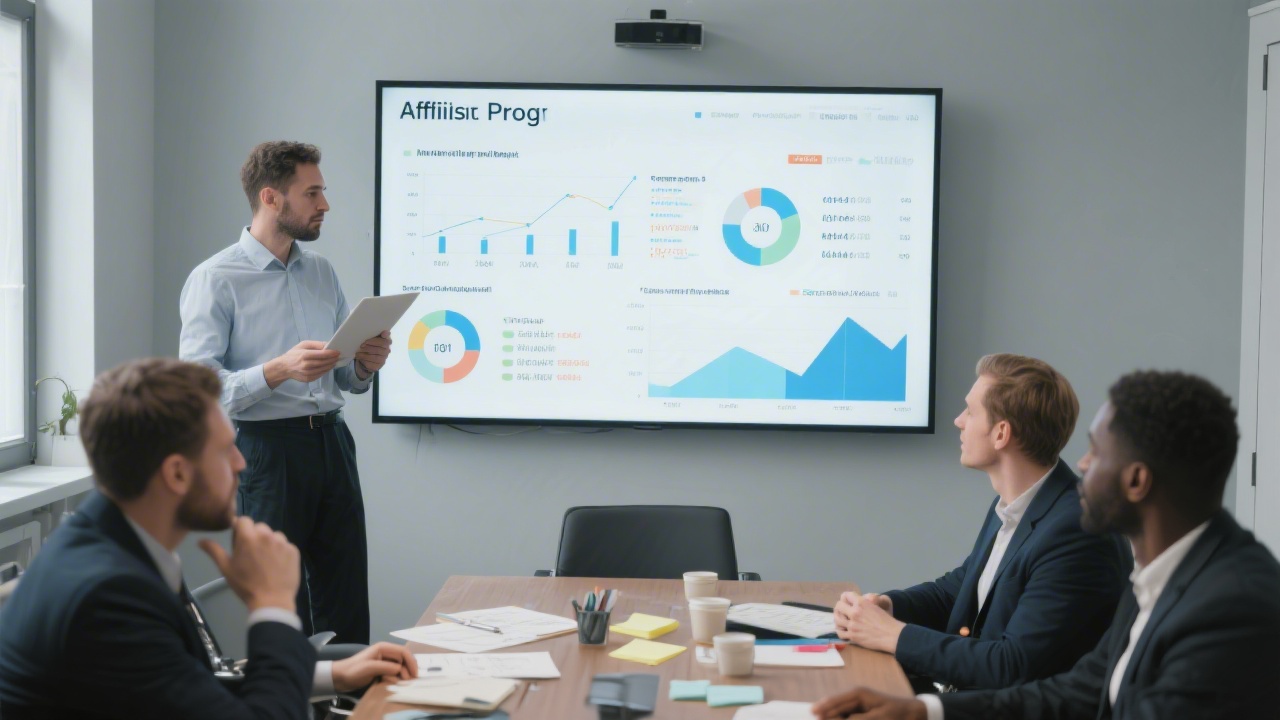 Business presentation in a meeting room showing affiliate program results on a large screen, with charts, notes, and stakeholders discussing next optimization steps.