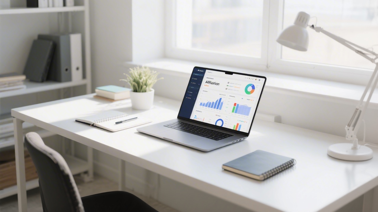 Modern office desk with laptop showing an affiliate dashboard, notebooks, and analytics charts, bright daylight, clean minimal workspace for performance marketing planning and tracking.