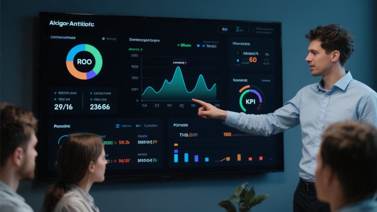 Large analytics screen showing ROI, conversion rates, and traffic sources on dark themed dashboard, with a team member pointing at performance charts and KPIs.