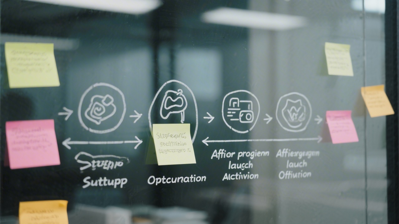 Four-step process diagram drawn on a glass wall with sticky notes, arrows, and icons representing setup, recruitment, activation, and optimization in affiliate program launch.